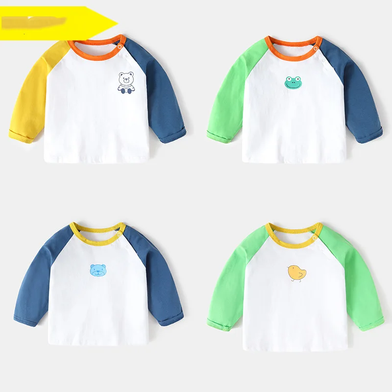 Baby Boys Apring Autumn Tees Cotton Spliced Sleeve Cartoon Pattern Infant Boy Undershirt Loose Colorful Casual Kid Boys T-shirts