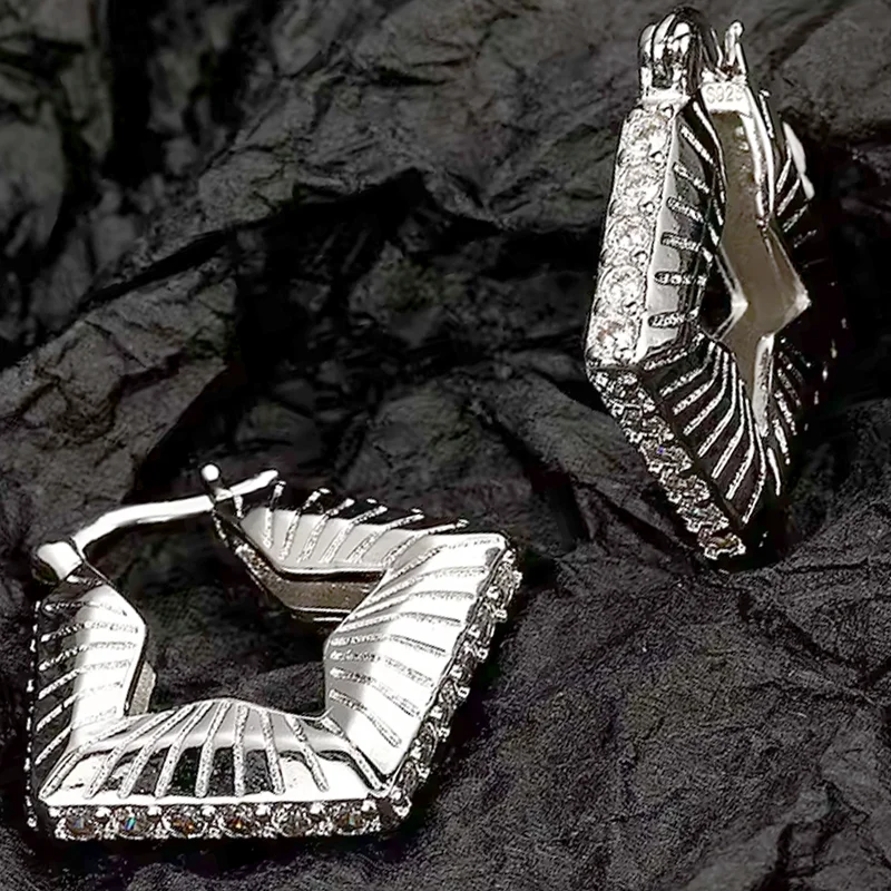 Luxury Cubic Zirconia Punk Rock Piercing Ear Fine Jewels Original Stamp 925 Sterling Silver Gold Large Pentagram Hoop Earrings