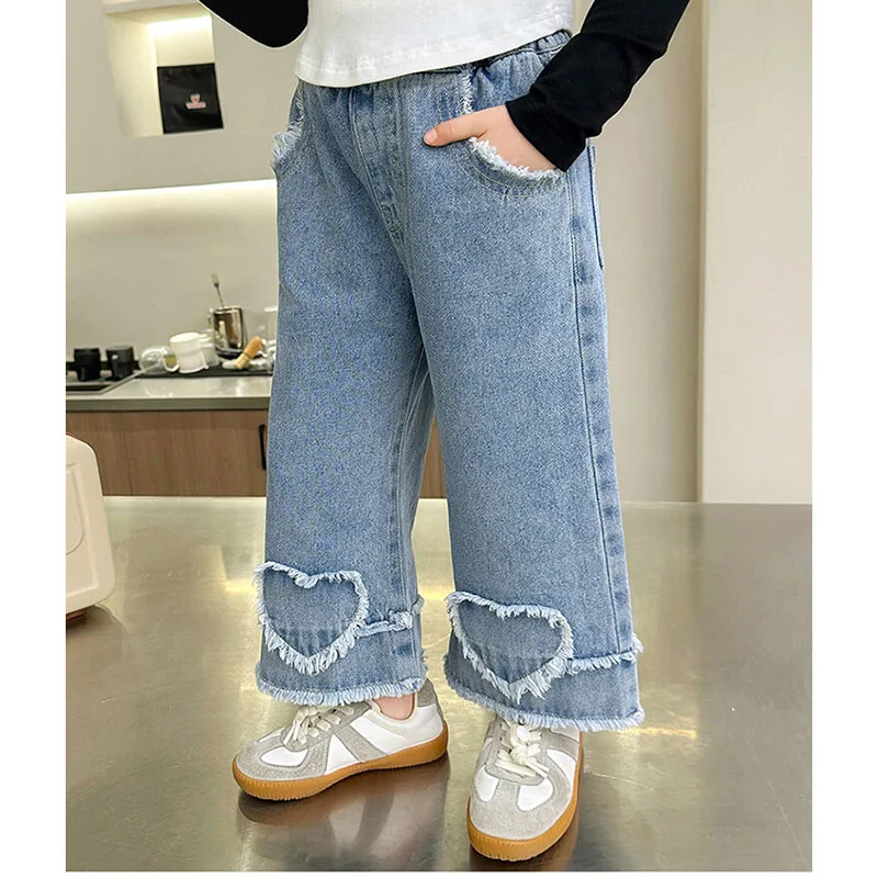 2026 New Spring Autumn Girls Wide Leg Pants Kids Cute Embroidered Heart Flowers Straight Pants Children Sweet Love Jeans