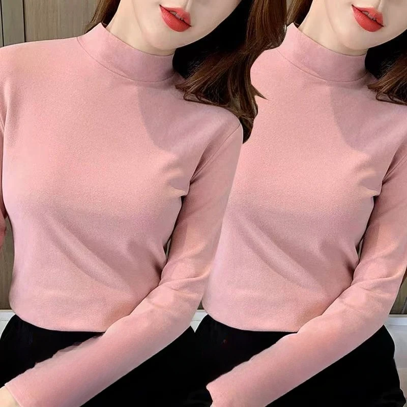 Solid Velvet High Collar Warm Base Shirt Strecth Casual and Regular Blouse Long Sleeve T-Shirt for Women Tees Shirts and Blouses