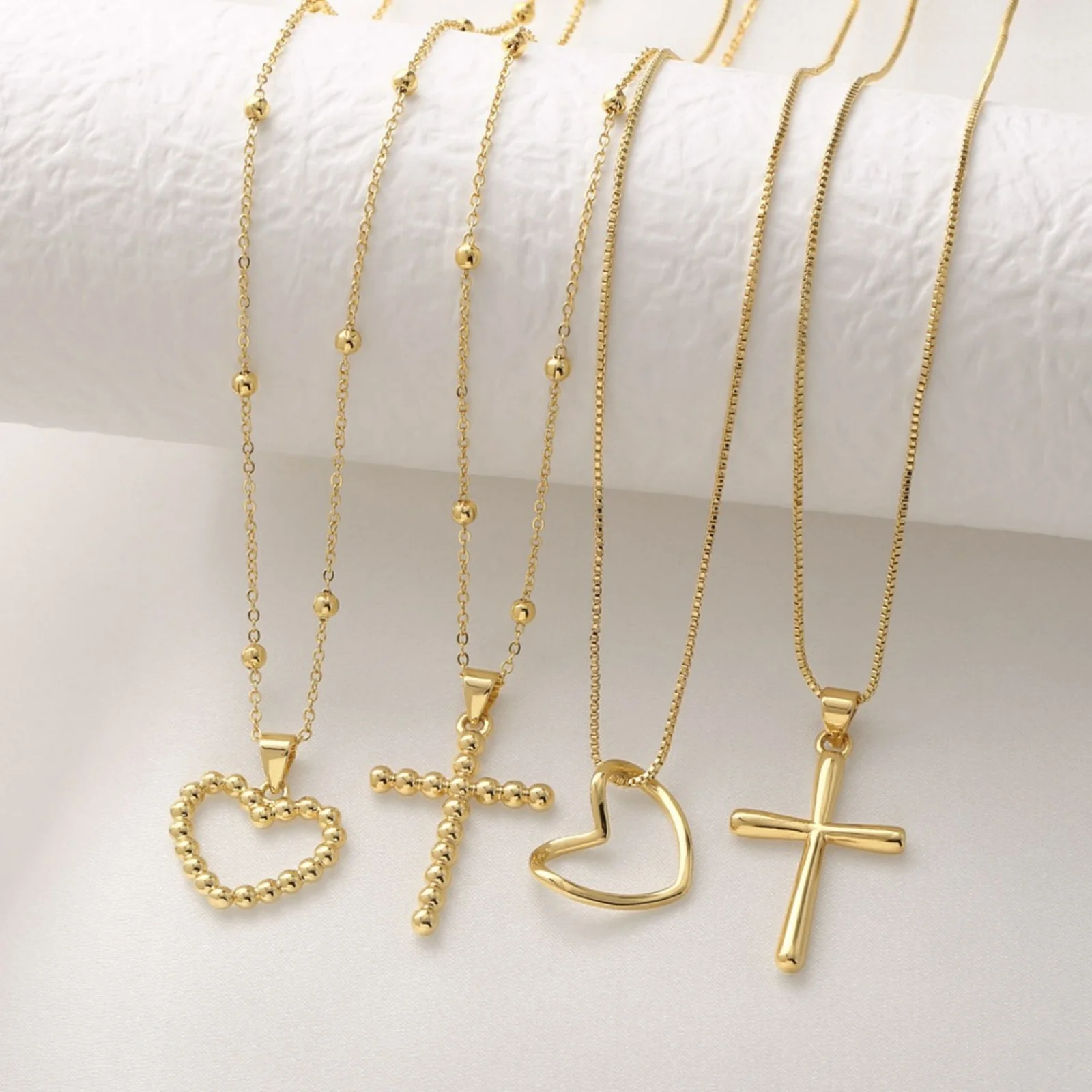 Heart Cross Pendant Charm Necklace 18K Gold Plated Brass Women's Exquisite Stylish Gift Jewelry 45cm(17.7