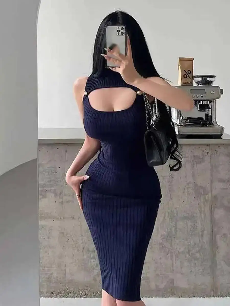 Pure Desire – robe mi-longue tricotée, Sexy, poitrine creuse, petit col haut, sans manches, enveloppant les hanches, robes élégantes, hauts 7LE7