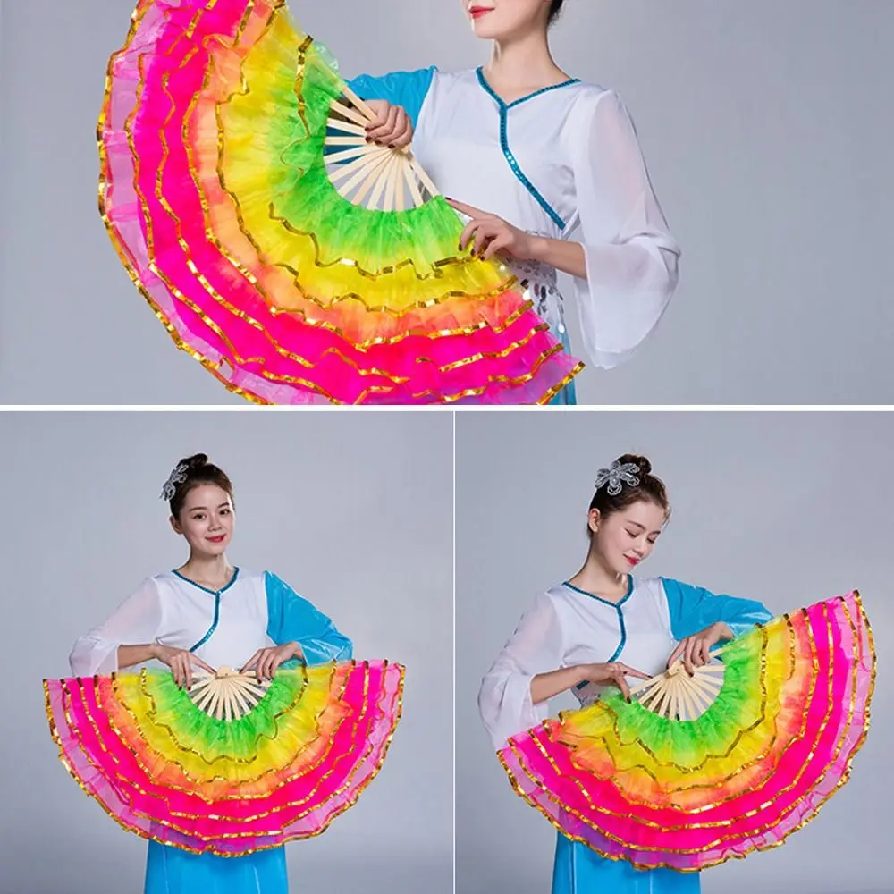 New Chinese Short Bellydance Fan Half Circle Silk Veil Pairs Yangko Dance Bamboo Fans Hand Dye Adults Hot Sell