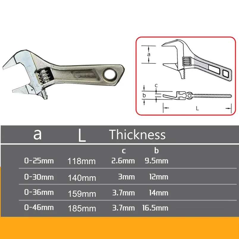 Ultra-Thin Adjustable Wrench Large Opening Short Handle Mini Monkey Spanner Laser Scale Rubber Coated Key for Motorcycle Tool