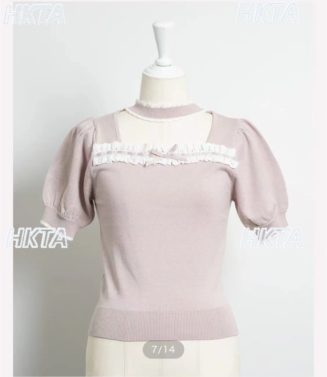 

Original Japanese Style High-End Embroidery Lace Ribbon Hollow Collar Knitted T-Shirt Autumn New Puff Short Sleeve Sweater Top
