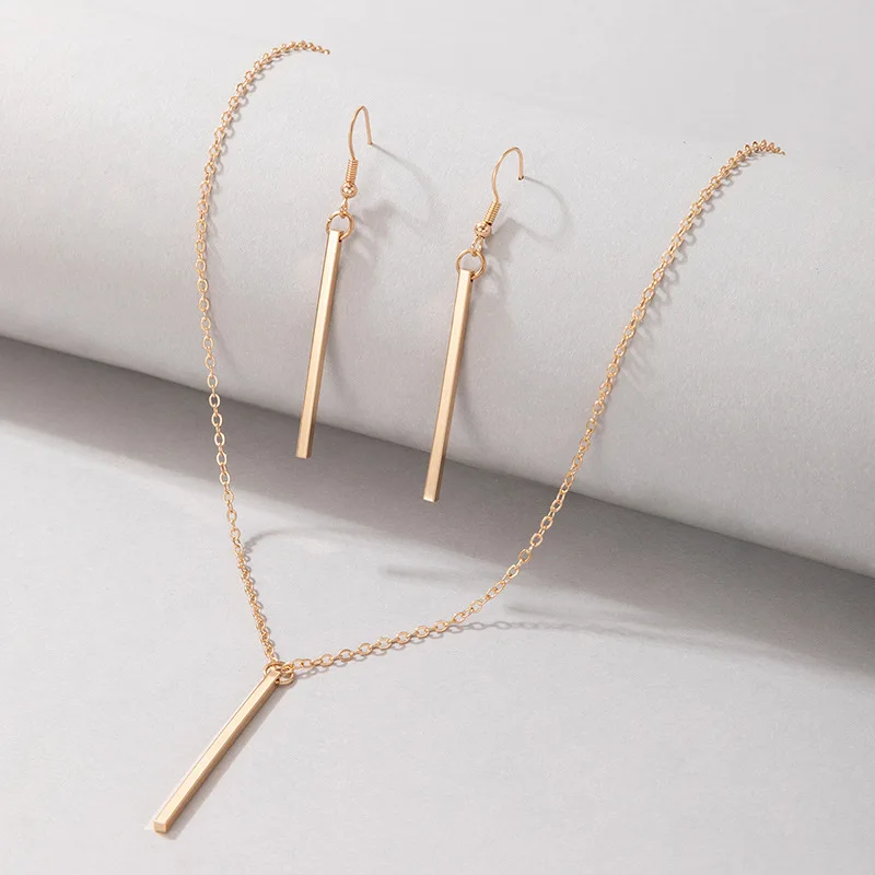 Elegant Gold Stick Jewelry Sets for Women Pendant Necklace Drop Earring Simlpe Adjustable Geometry Wedding Jewelry