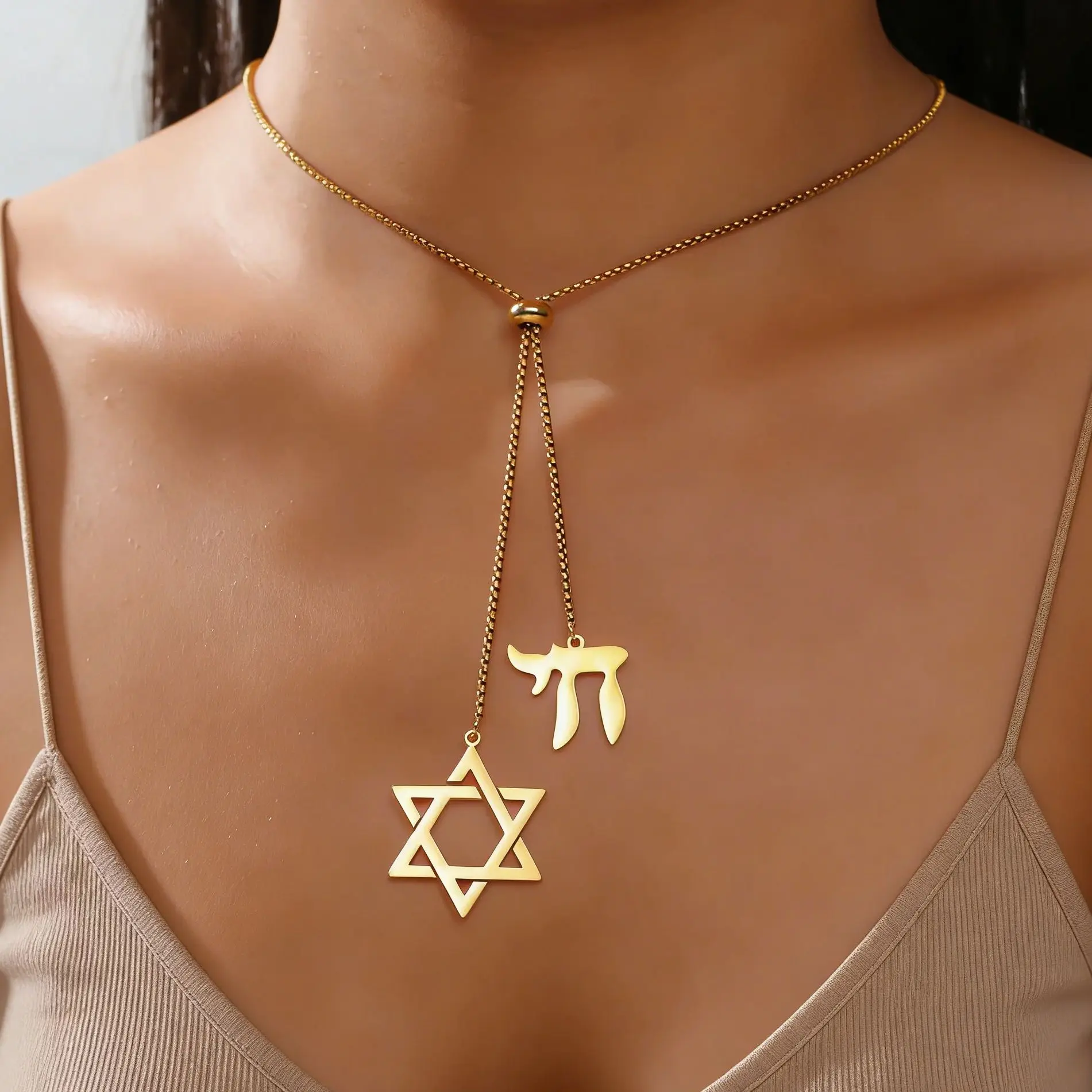 LIKGREAT Doppel-Anhänger Lange Halskette Davidstern Hebräischer Chai Charm Jüdischer Edelstahl-Schmuck Amulett Geschenk