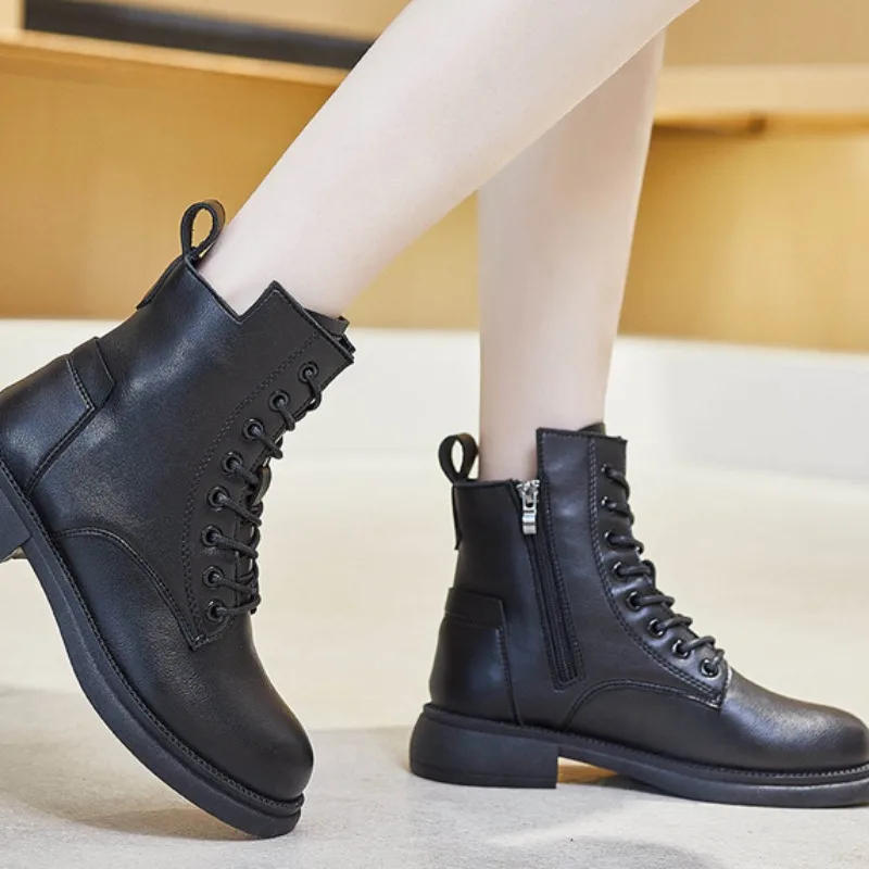 Fashion Women Ankle Boots Spring Slip On Platform Leather Boots Motorcycle Retro Boots Britain Ladies Shoes Batos Mujer Hot Sale