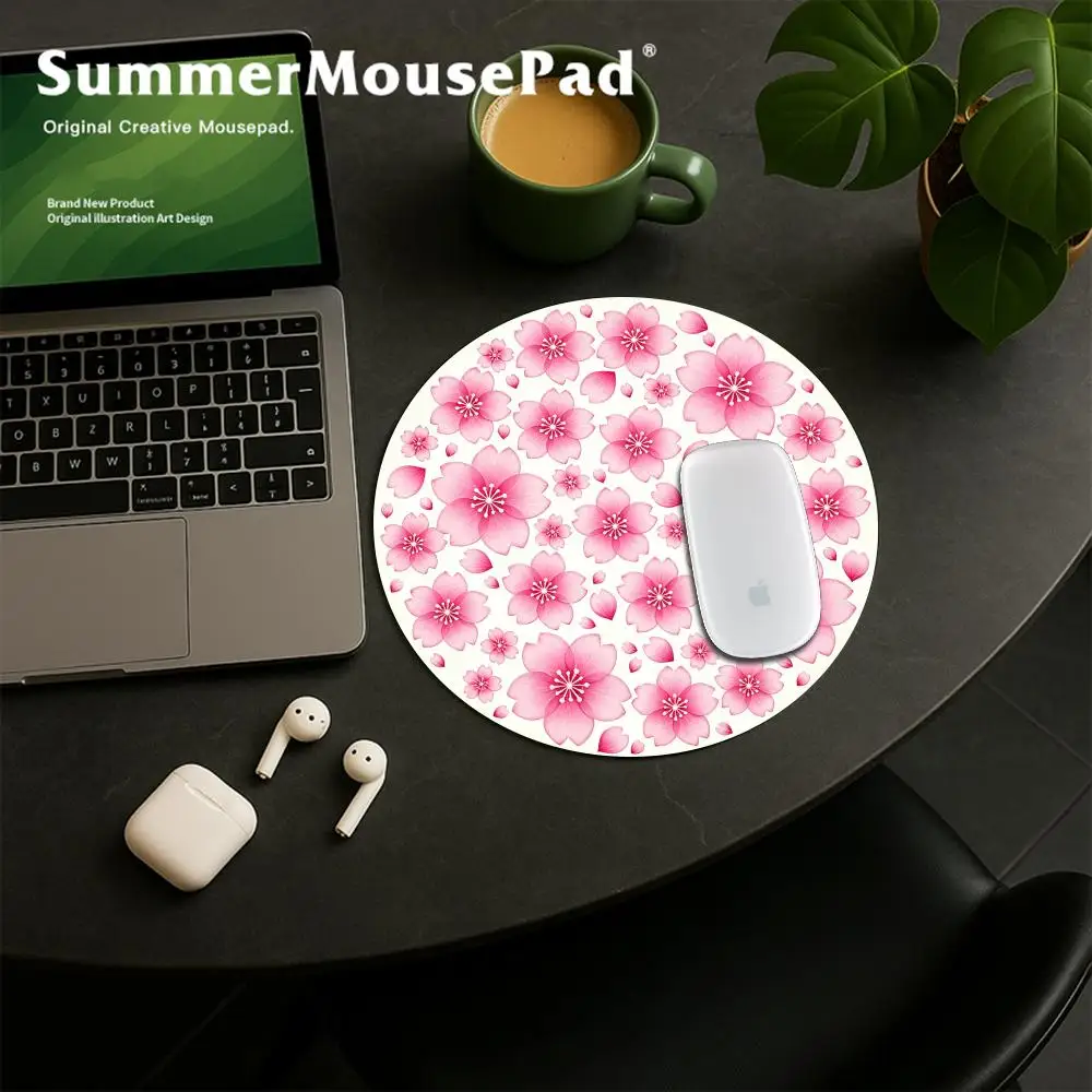 HYBXAXC Round Sakura Mouse Pad - Non-Slip Rubber Base, Portable Desk Mat Suitable for Office and Home, Durable Cute Pink Design