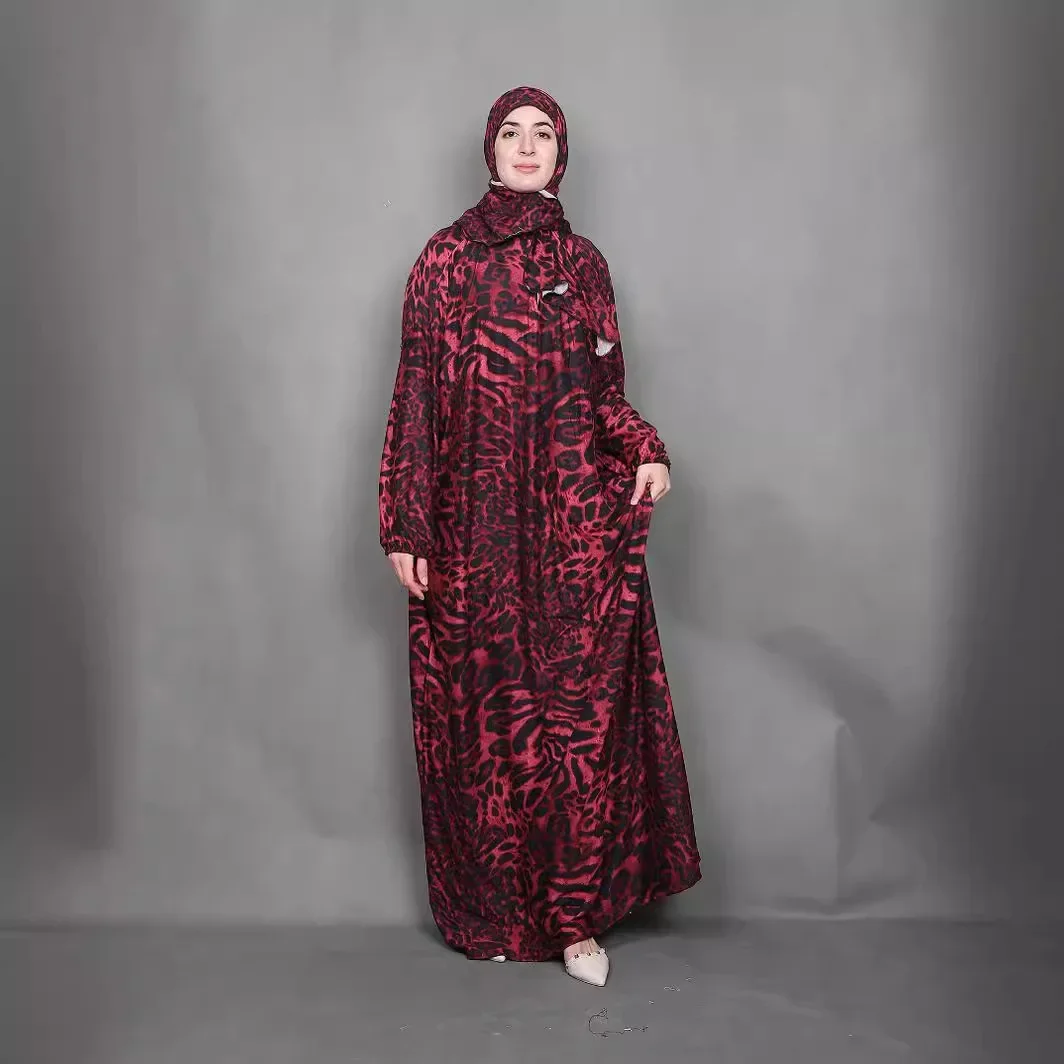 Muslim Prayer Dress Women Leopard Print Dresses Jalabiya Morocco Kaftan Eid Ramadan Arab Long Robe Scarf One Piece Vestidos