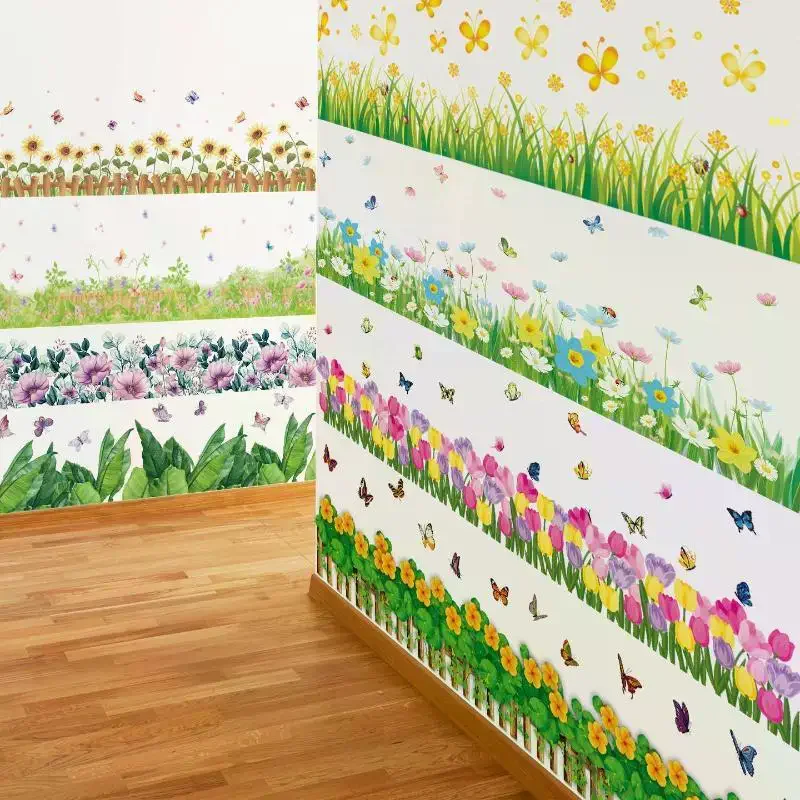 Pastoral Flowers Grass Fence With Butterfly Wall Stickers Pvc Decals Mural Art For Office Shop Bedroom Baseboard Home Decoration