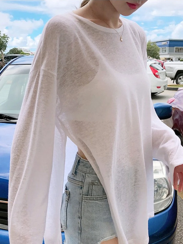 2026 Women T-shirt Summer White Long Sleeve Sun Cover-up Sexy Thin See Through Women's Tees Korean Trendy Slit  Loose Fit Tops