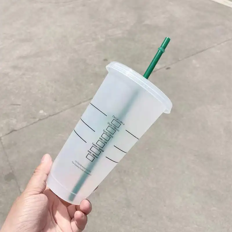 1pcs Cold Drink Change Color Straw Mugs with Lid Logo Coffee Cup Reusable Plastic Tumbler Matte Juice Cup Straw Cup