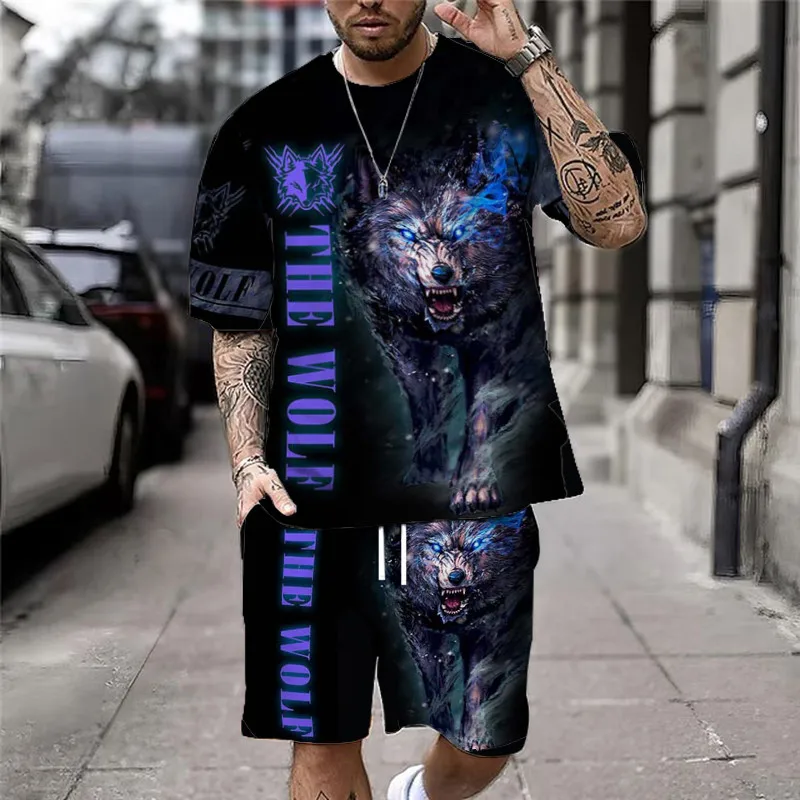 Summer Casual Men\'s Classic Lion Print T-Shirt Set Vintage Streetwear Loose Oversized Breathable Soft Short Sleeves And Shorts