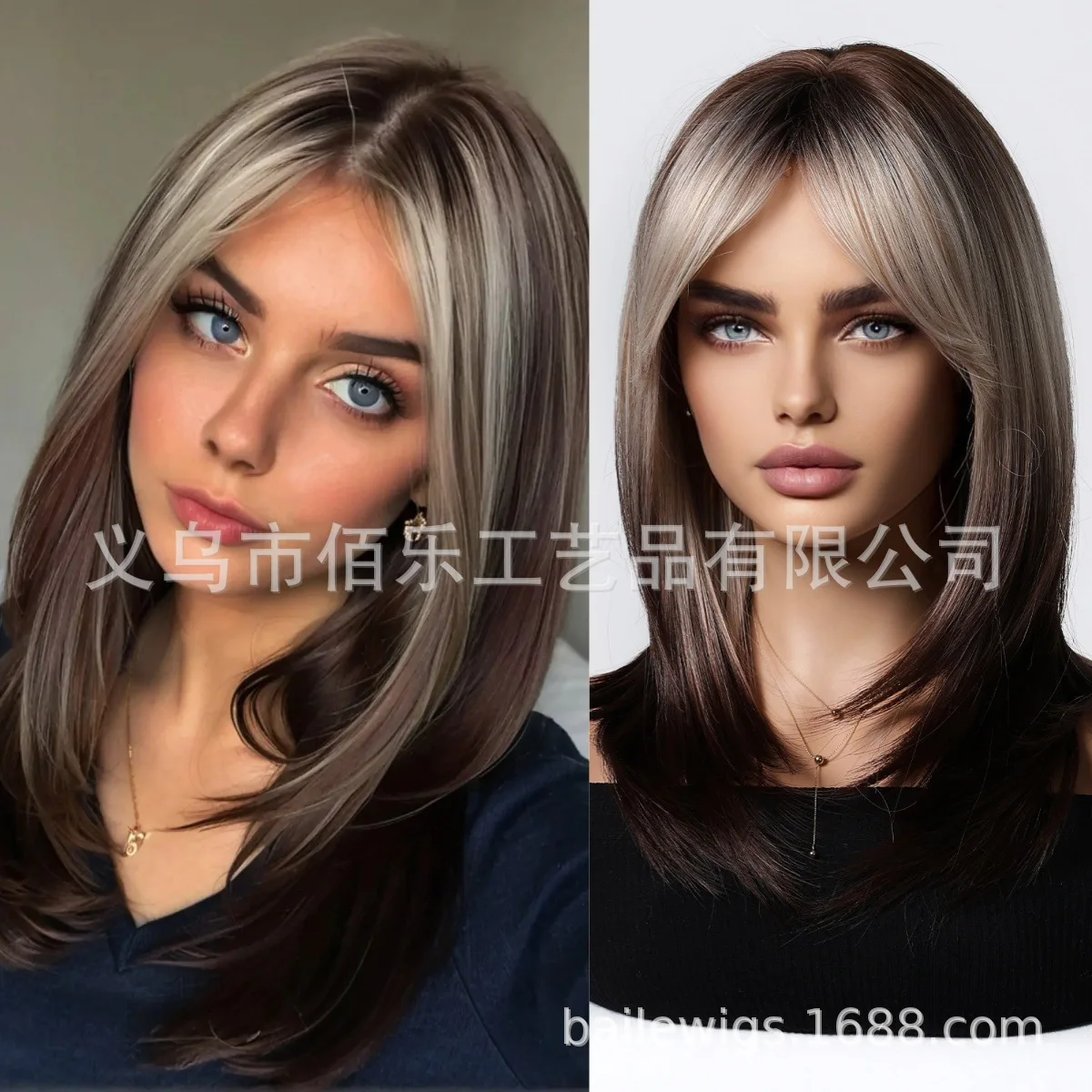 

European and American black brown gradual change high-level wig eight-character bangs medium length straight hair hot wigs