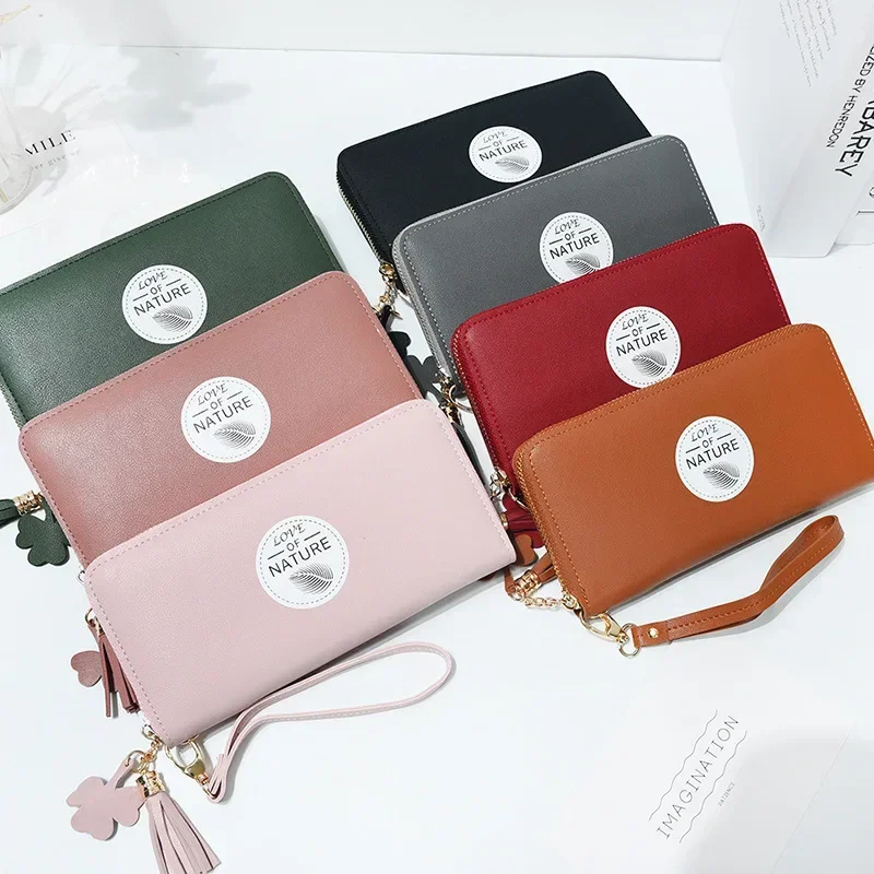 Luksusowe Portfele Damskie z Nadrukiem Kreskówkowym Długi Portfel PU Jednolity Kolor Zapinana na Zamek Kopertówka Wygodna Damska Portmonetka na Monety