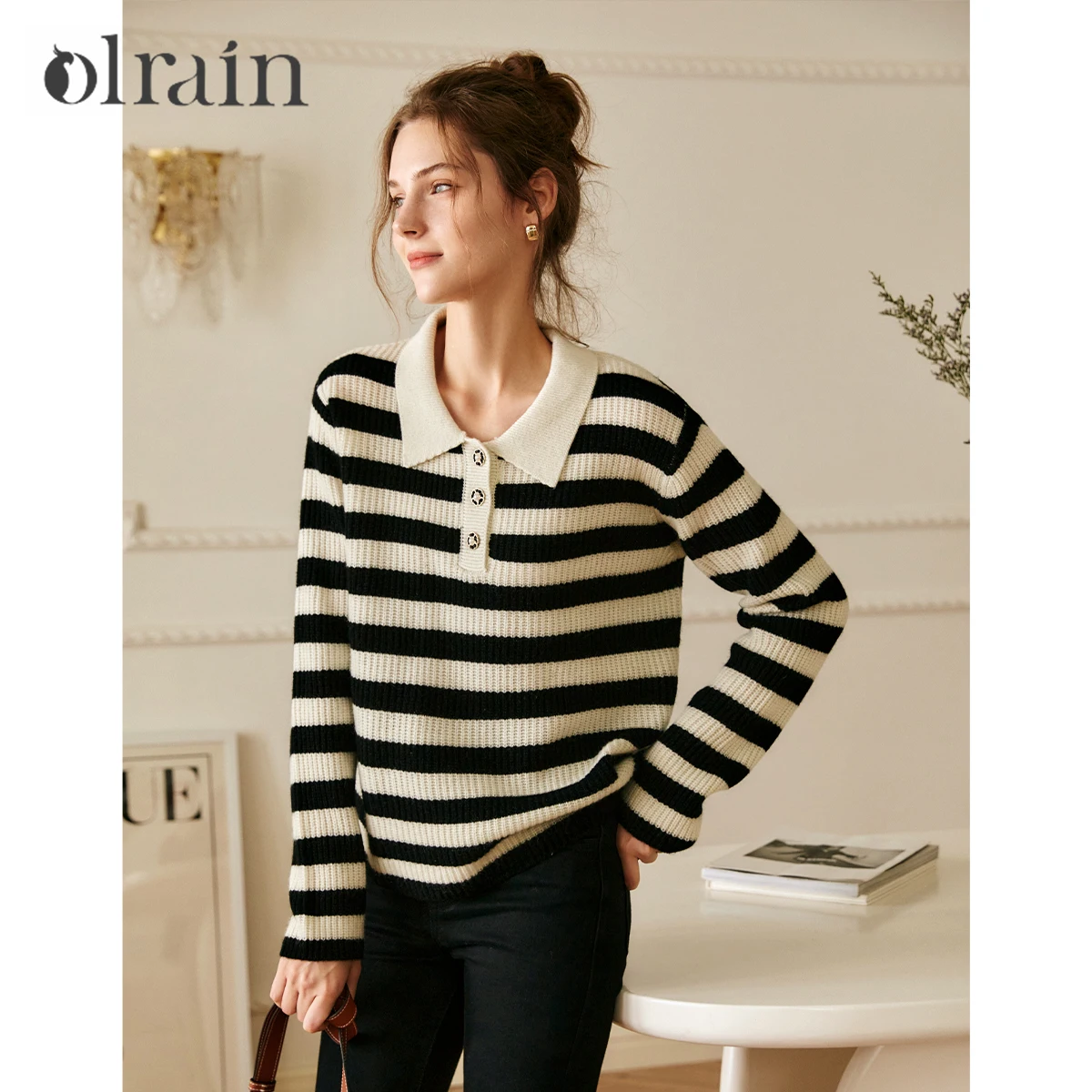 

OLrain POLO Neck Women Pullover Sweater 2025 Autumn Spliced Lazy Long Sleeve Button Knitted Tops Woman Clothing O21DM59621