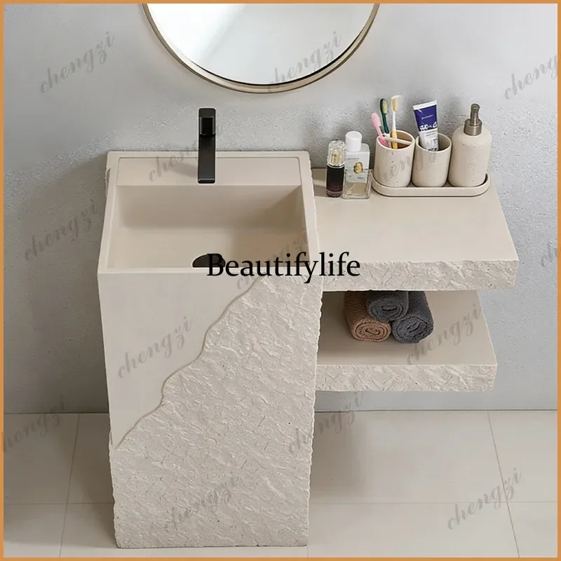 NQ52  wabi-sabi style with countertop rack wash basin, bathroom integrated floor-to-ceiling wash table custom column basin