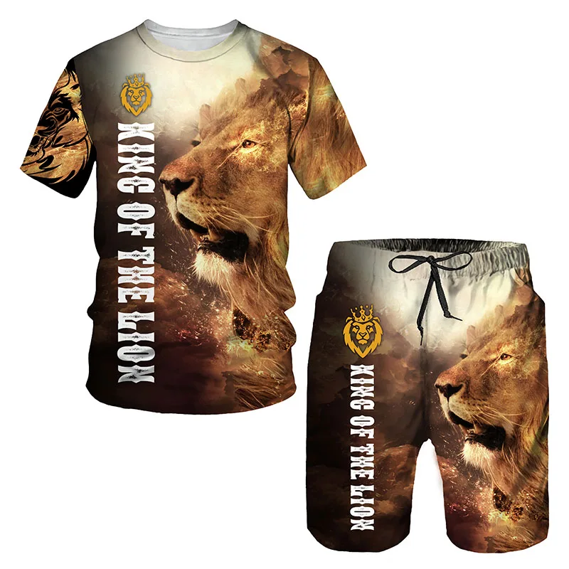 2025 Summer Men's 3D Animal Printed Men's Breathable Comfortable T-shirt Set Sportswear Casual Sportswear Two Piece Set