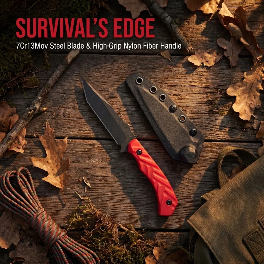 Red Handle with Sheath Straight Knife 7Cr13Mov Blade Nylon Fiber Handle High Hardness and Sharp Outdoor Camping Tool Men's Gifts