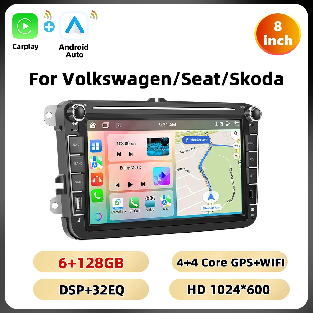 Podofo 6 + 128G 8 ''Autoradio Voor VW/PASSAT/TOURAN/GOLF/KEVER Multimedia Speler Carplay Android Auto BT GPS WIFI RDS Auto Stereo