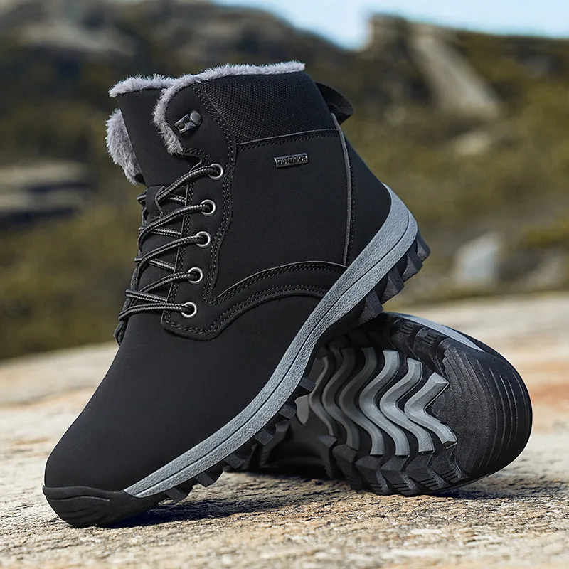 High quality ankle length leather snow boots for men size 47 48 new 2024 winter outdoor hiking mountain shoe black yellow