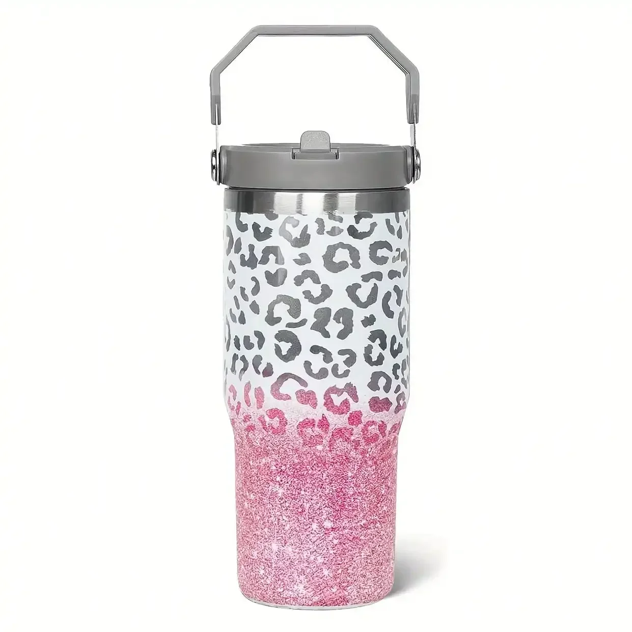 Vacuum Insulated Travel Tumbler, Dark Leopard Print Stainless Steel Water Bottle with Foldable Carry Handle, Leakproof Flip Lid, Double Wall Insulated Coffee Cup for Car, Office, Outdoor Camping Gym