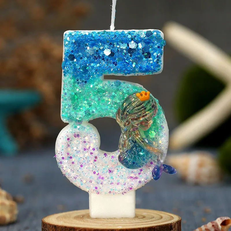 Mermaid Number Birthday Candle 0-9 Blue Ocean Sequin Crown Mermaid Cake Topper Candle for Kids Adult Beach Party Cake Decoration