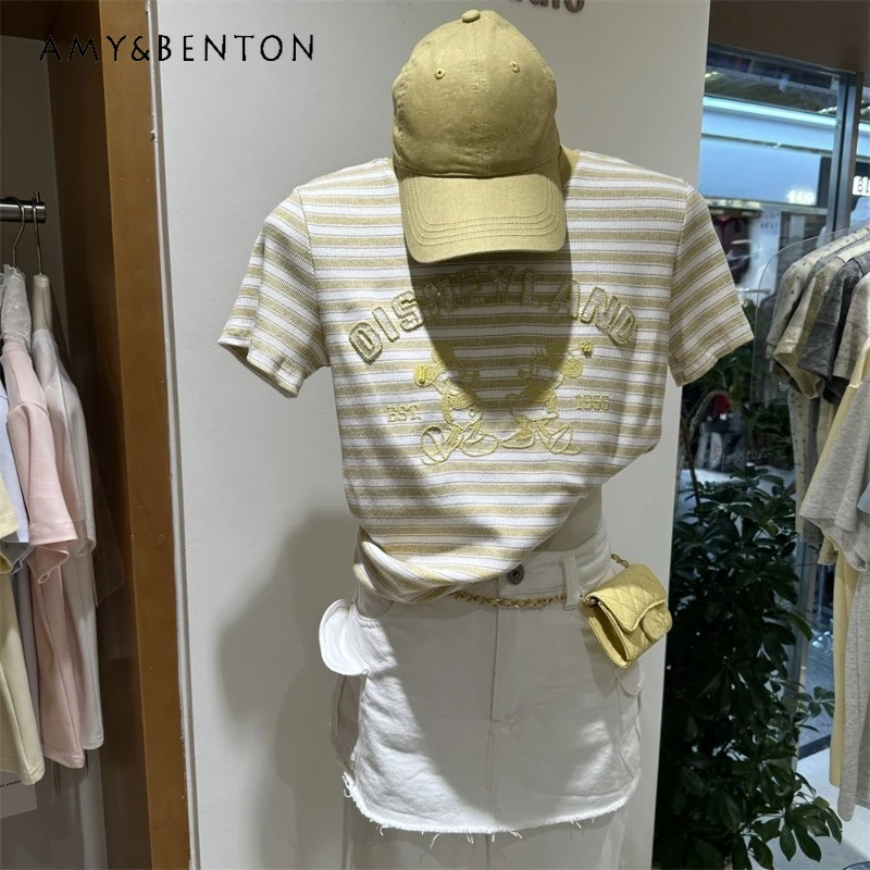 

2026 Summer New Design Stylish Short-Sleeves Top Y2k Tees Slim Fit Tees Heavy Embroidery Short Cartoon Stripe T-shirt For Women