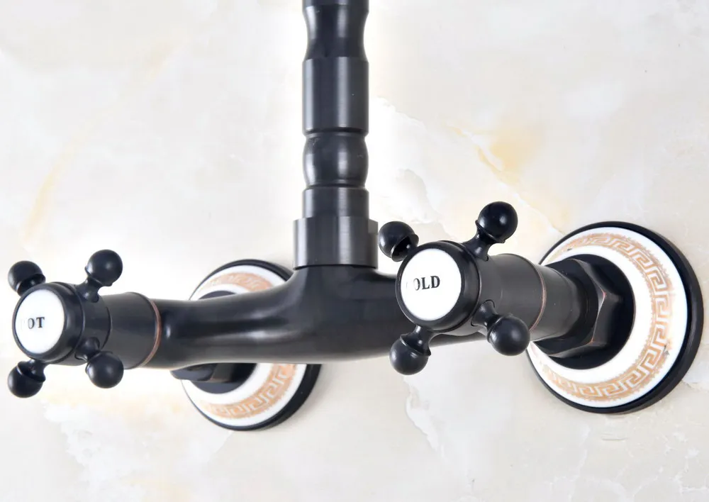 สีดําน้ํามัน Rubbed ทองเหลืองสองจับติดผนังห้องครัวห้องน้ําหมุนก๊อกน้ําก๊อกน้ําแตะ anf454