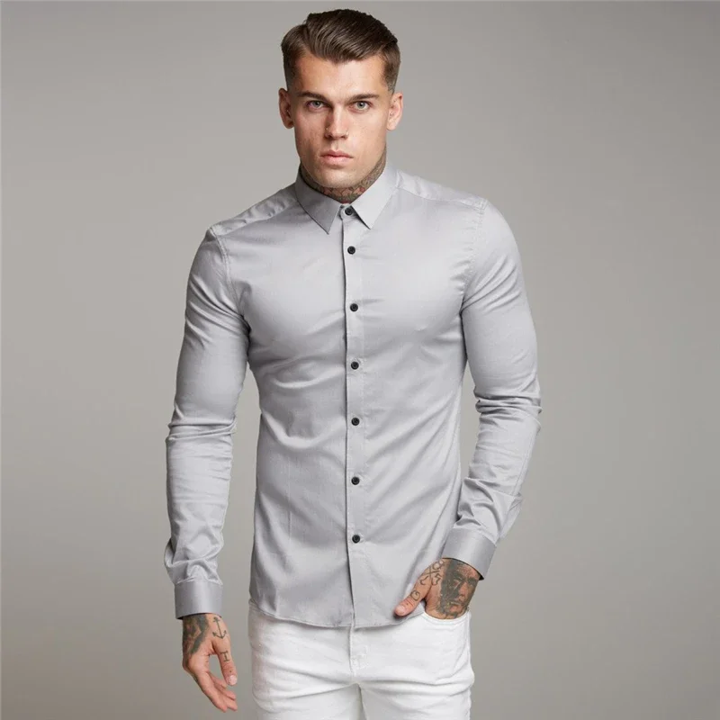 Moda outono camisa de manga longa dos homens sólido super fino ajuste casual negócios sociais vestido camisa dos homens ginásio fitness roupas esportivas