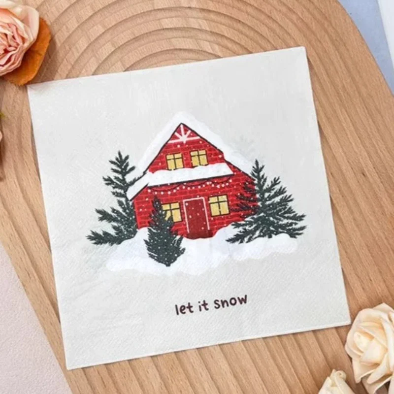 20pcs 33cm 2Layer New Christmas Elements Napkins Red House Christmas Tree White Disposable Paper Meal Mat DIY Decoupage Paper