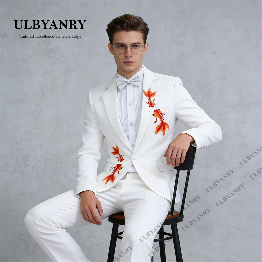 

ULBYANRY White Suit Goldfish Embroidery Print for Stage Performance Party Event Singer DJ Performer 2 PCS Tuxedo Jacket Pants