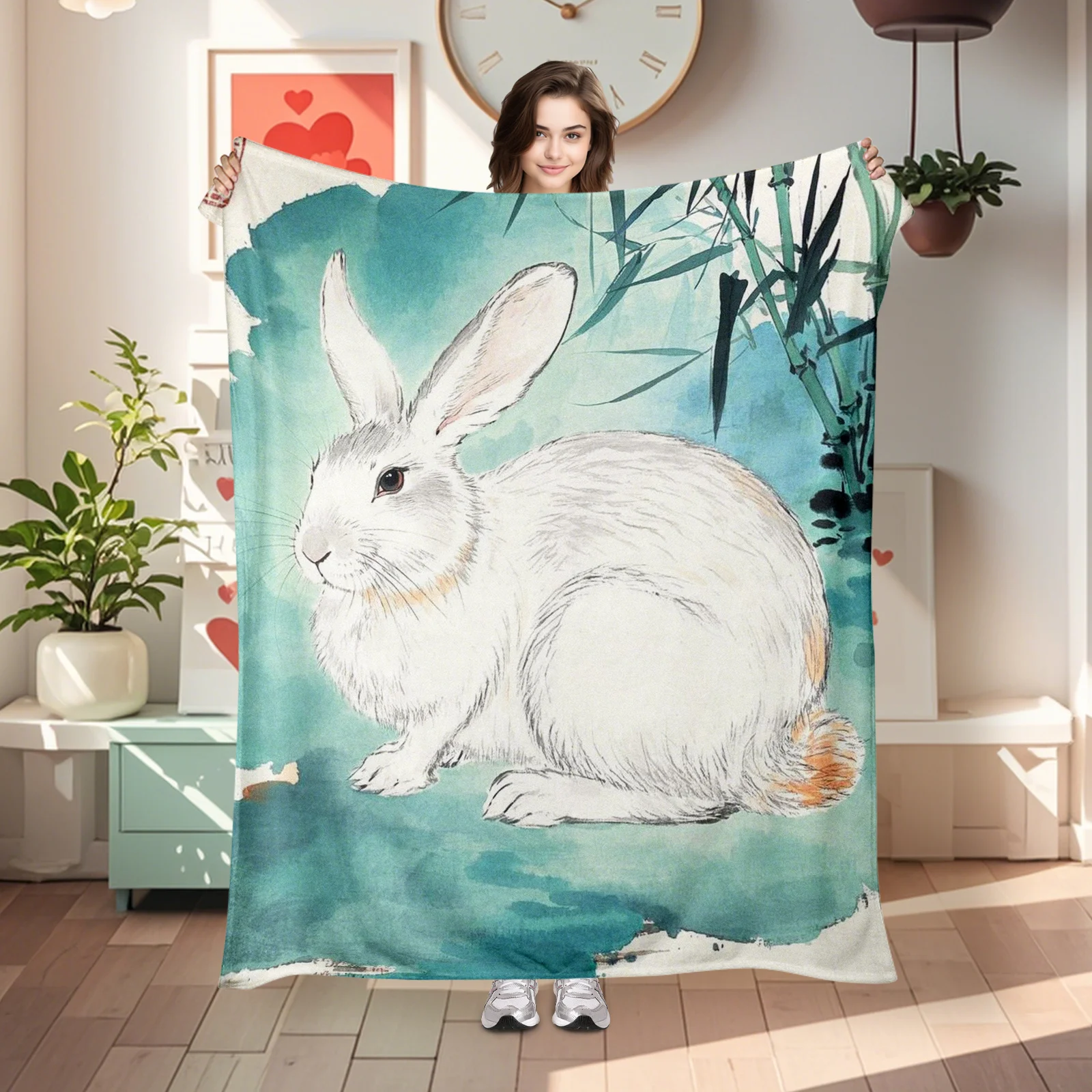 Exquisite Ink Depiction Of Bamboo And Rabbits Blanket Merges Classic Aesthetics With Modern Comfort