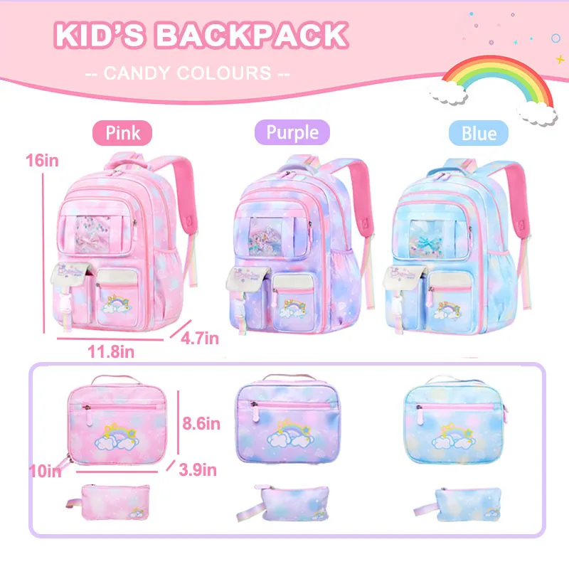 3Pcs Primary School Bag Glitter School Backpack for Girls Children\'s Travel Backpack with Lunch Case Kawaii Cartoon School Bag