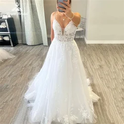 Roycebridal Customize Wedding Dress A Line Tulle V Neck Lace Applique Spaghetti Marriage Gown Sweep Train vestidos de novia