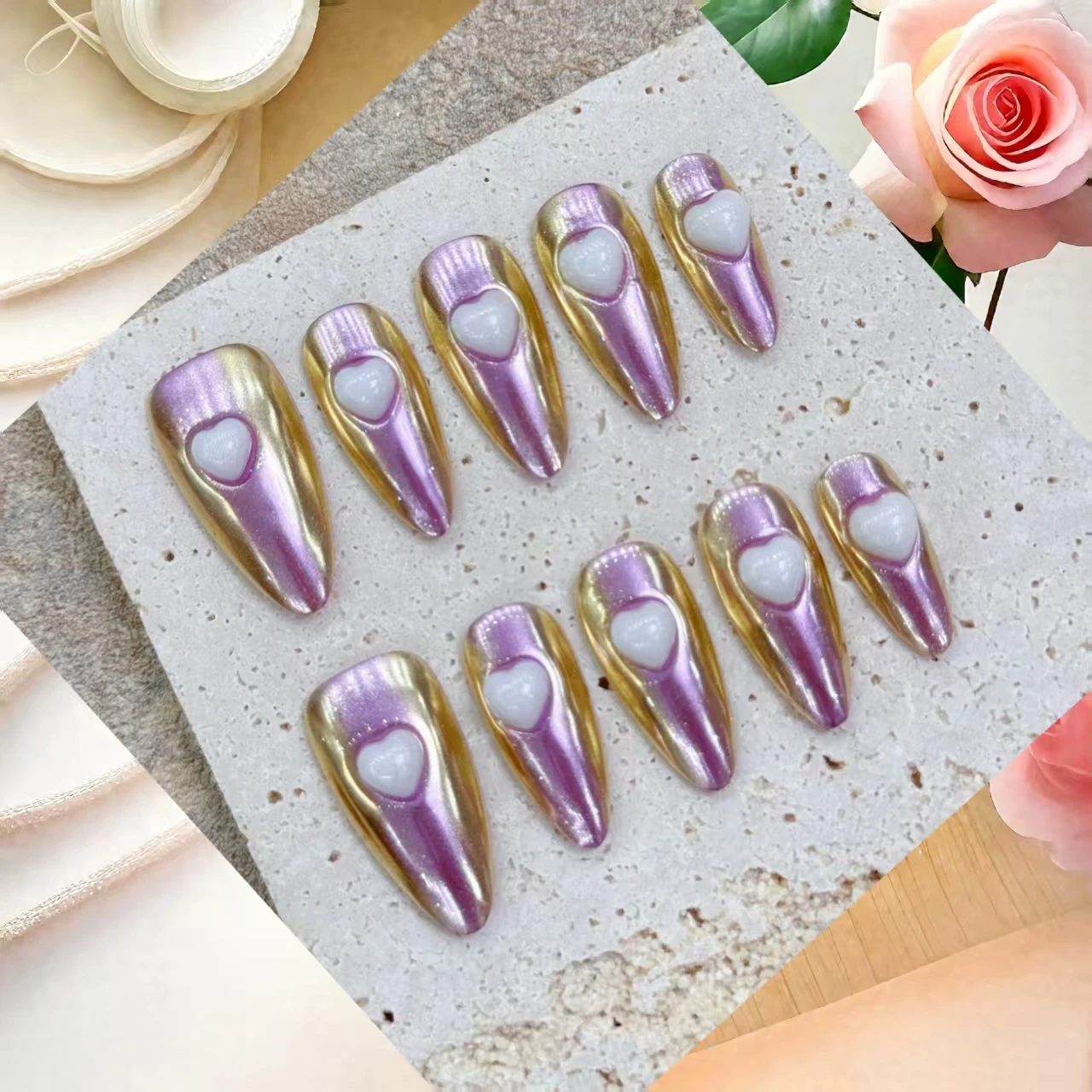 

10PCS Handmade Baroque Pearl Heart Rhinestone Press-On Nails, Bright and Versatile With 4-PIECE Tools Super Nail Adhesive Tabs