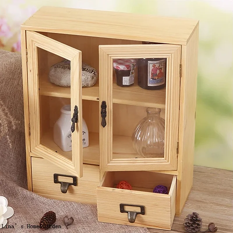 Cute Beautiful Handmade Tabletop Standing Vintage Wood Mini Cabinet with Doors Drawers