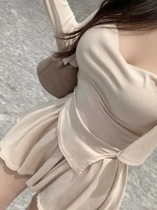 2025 Autumn/winter Korean Version New Swinging Collar Irregular Sling+long Sleeve Cardigan+high Waist Pleated Skirt Set O9J2