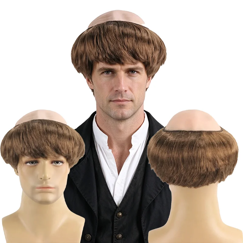 Novelty Funny Half Bald Wig for Men Brown Short Curly Synthetic Hair Prank Dress Up Wigs Adult Halloween Cosplay Party Fancy