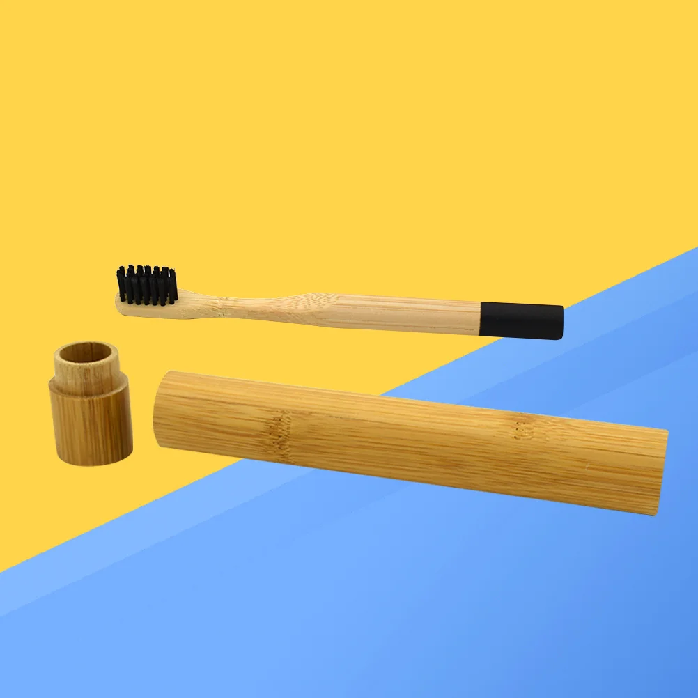 صديقة للبيئة فرشاة أسنان مصنوعة من خشب الخيزران شعيرات ناعمة قابلة للتحلل تصميم مريح أسود خشبي تخزين أنبوب فرشاة أسنان من الخيزران