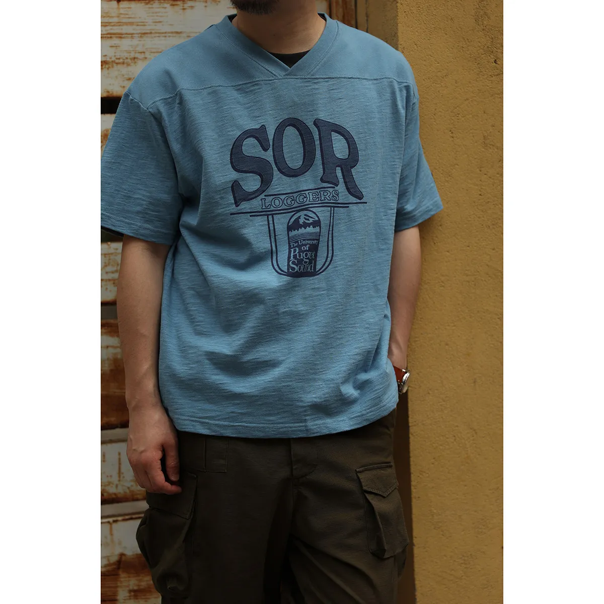 

Secondorder SS23 V-Neck Football T-Shirt Retro American Style Slub Cotton Short Sleeve Top