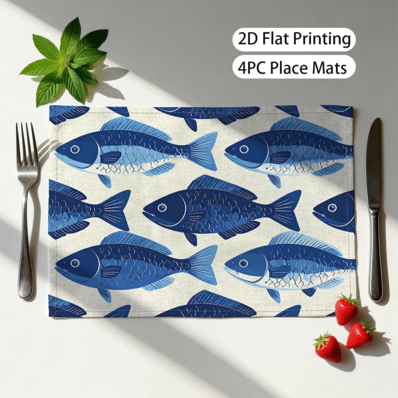 Coastal Seafood Design Table Mat 4PC Washable Easy Care Placemat For Coffee Table And Dining Room Use