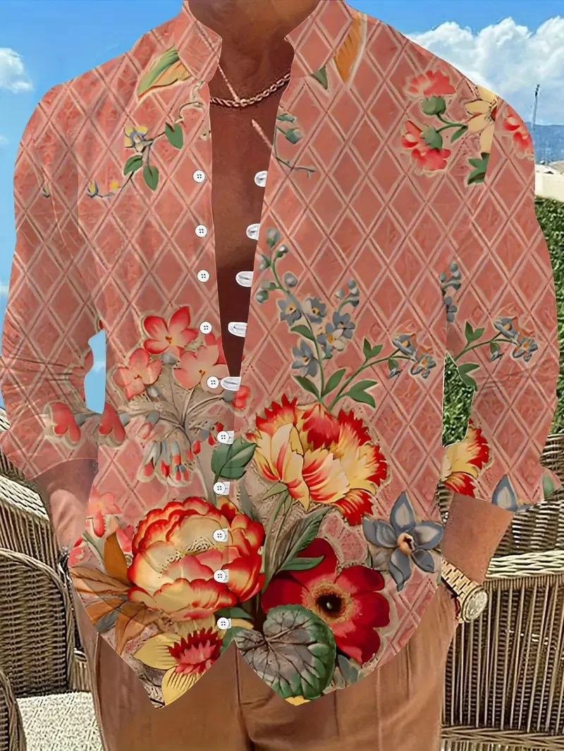 Casual Men Linen Shirts New Print Button Shirt Fashion Stand Up Collar Loose Men's Shirts Streetwear Casual Beach.