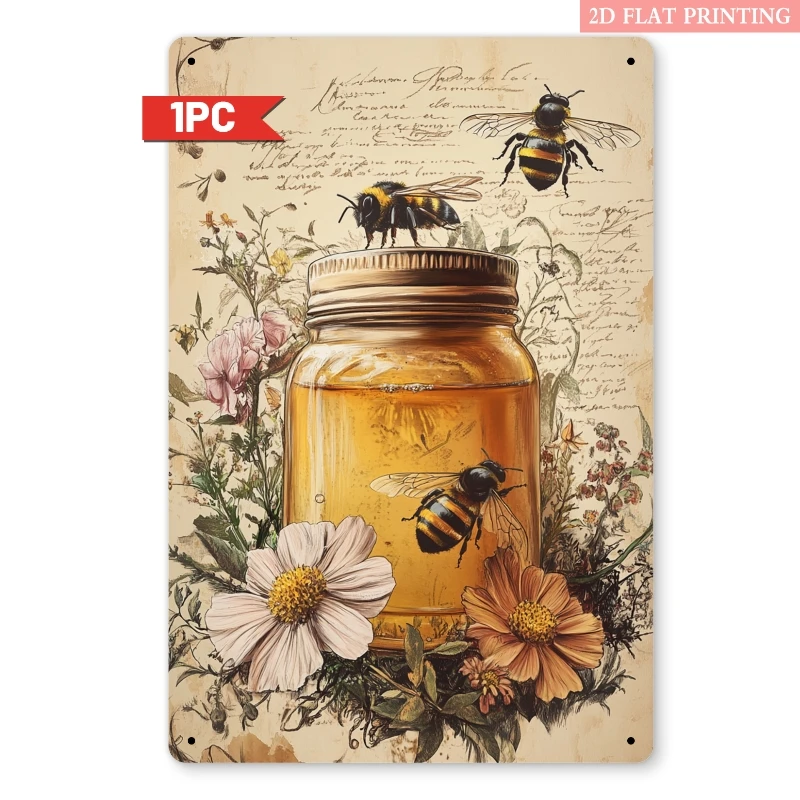 8x12 Inch Vintage Bee Honey Jar and Flower Metal Tin Sign, Retro Wall Art Decor for Living Room, Bedroom or Garden