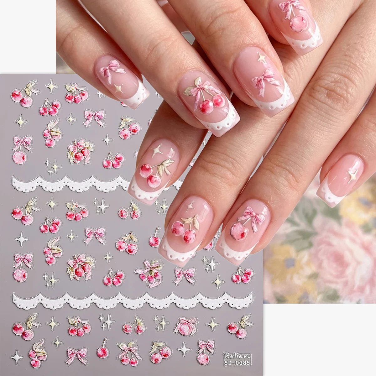 Наклейки-для-ногтей-5d-летние-вишневые-цветы-банты-фрукты-десерты-Самоклеящиеся-декоративные-слайдеры-для-маникюра-и-diy-дизайна