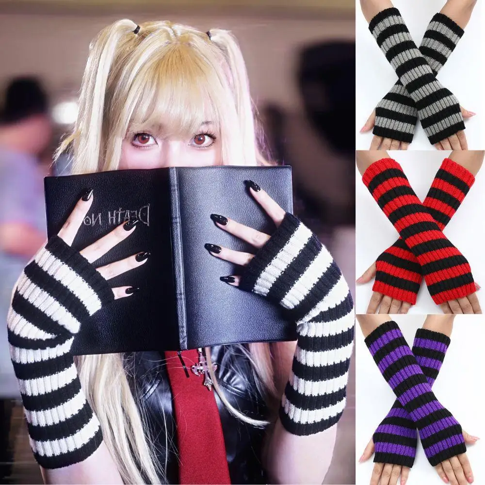 Y2K Harajuku موضة المرأة محبوك مخطط الكوع قفازات القوطي الشرير أصابع أكمام أذرع تبريد تأثيري أنيمي قفازات الشتاء مدفئات للذراع