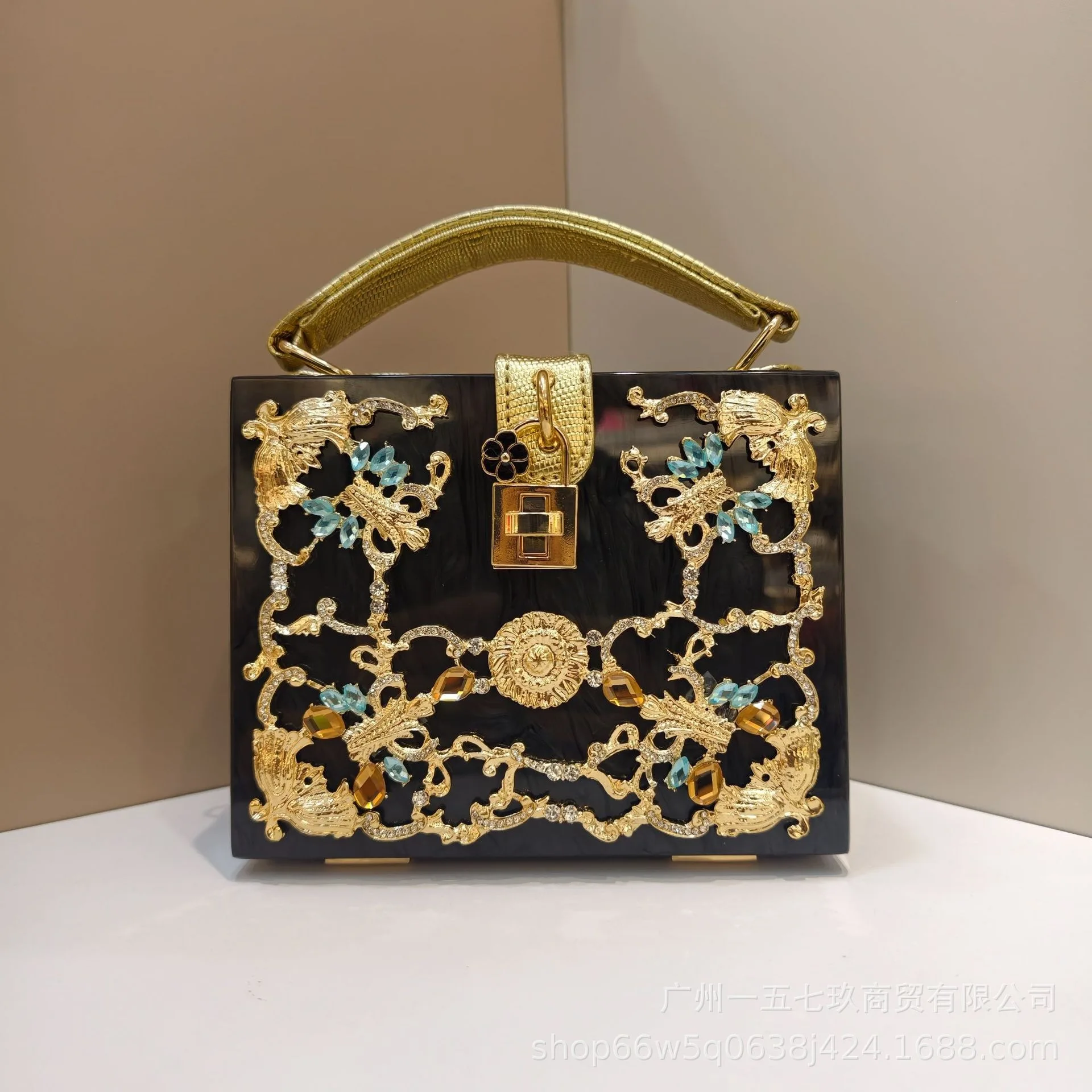 

Acrylic Dinner Bag Hollow Dress Metal Engraved Blue Diamond Handheld One Shoulder Slant Back Women's Bag