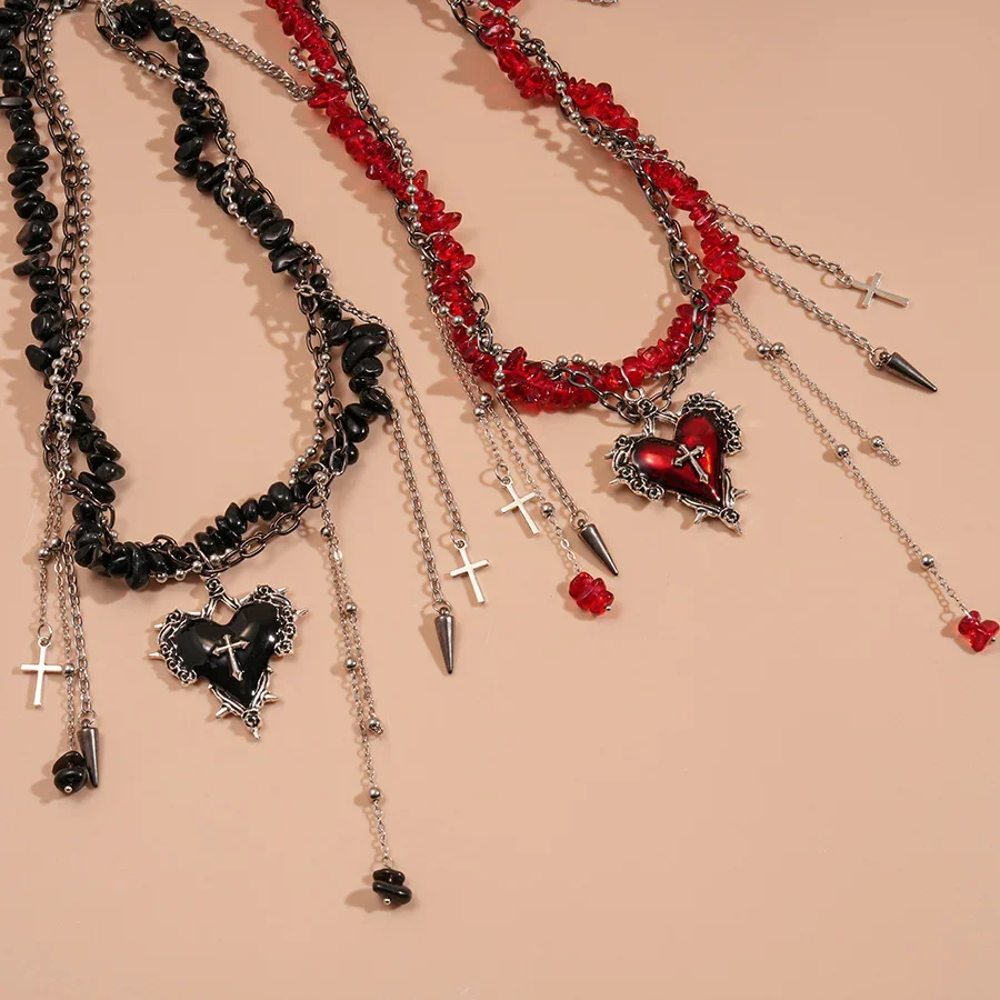 Gothic Red Love Heart Pendant Necklace for Women Gravel Stone Cross Double Layer Choker Necklaces Halloween Party Accessories K