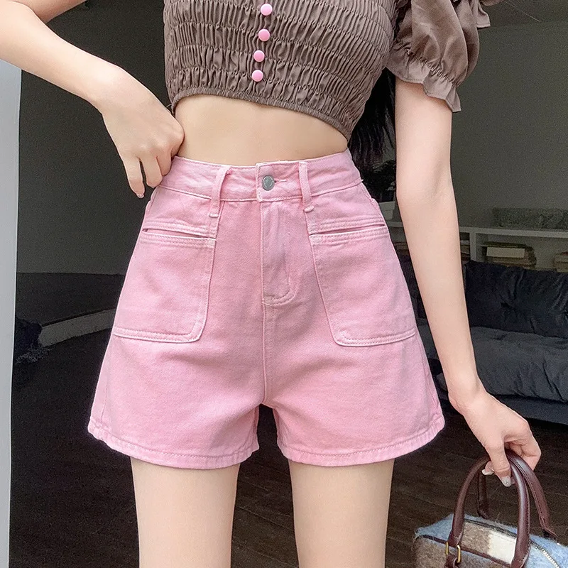 New Summer Fashion Baggy High-waisted Denim Shorts Women's Multi-colored Casual Pocket A-line Spice Girls Short Jeans Streetwear